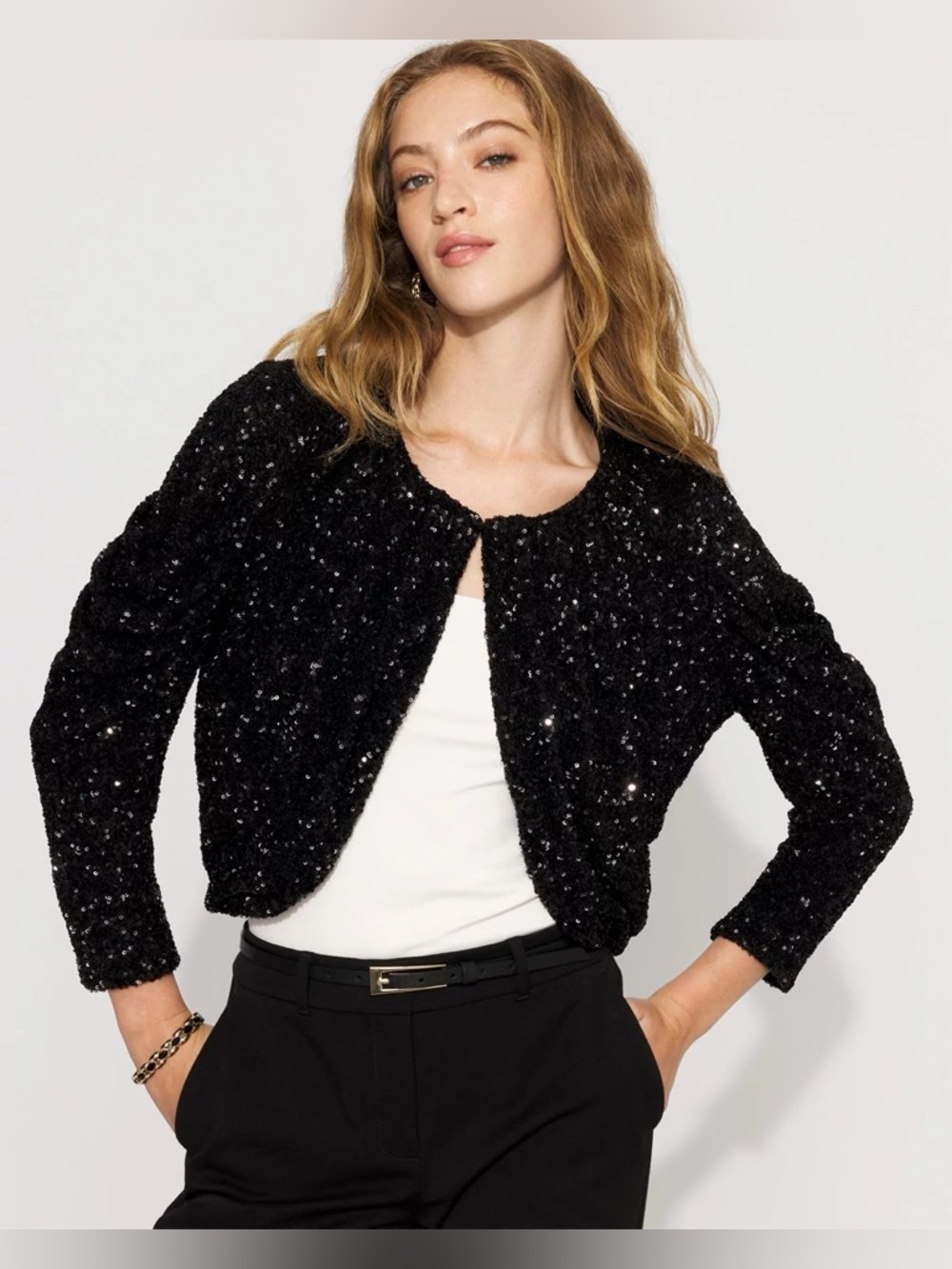 White House Black Market Black Sequin Open-Front Cardigan Sz M Prom Party TC0352